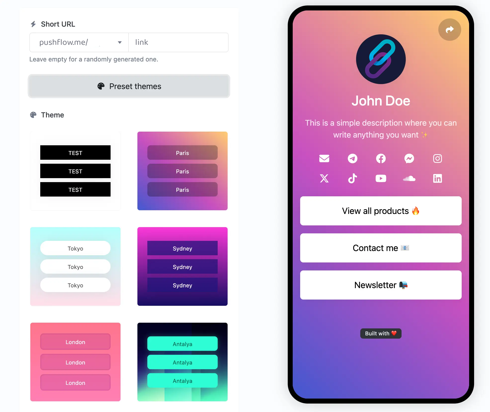 Captura de pantalla de la página de edición de biolink de la aplicación